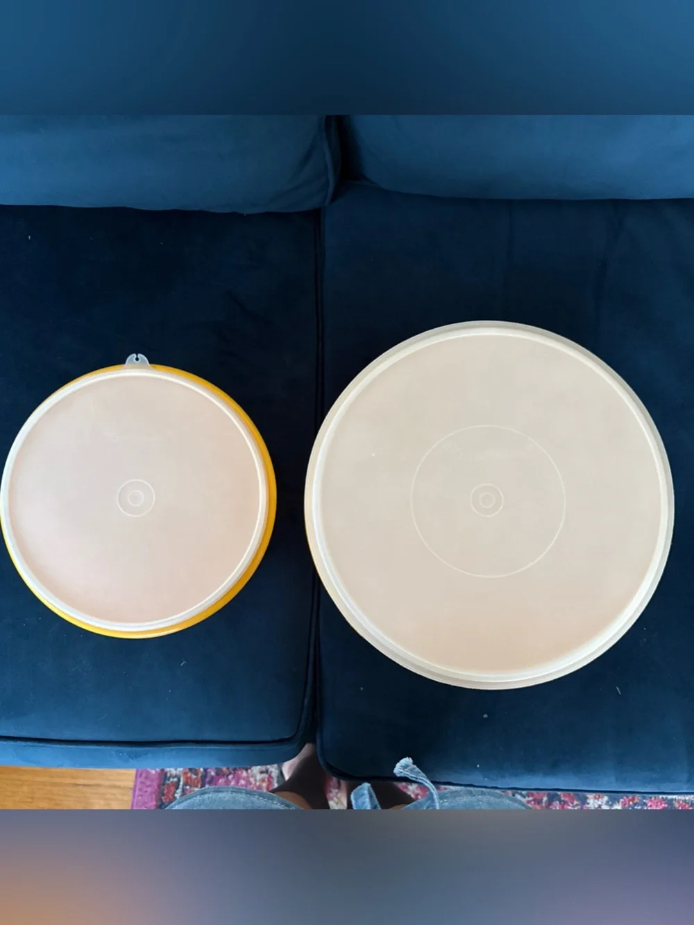 Vintage set 2 Tupperware Plastic Storage Bowls With Lids Yellow 12” 9” Nesting